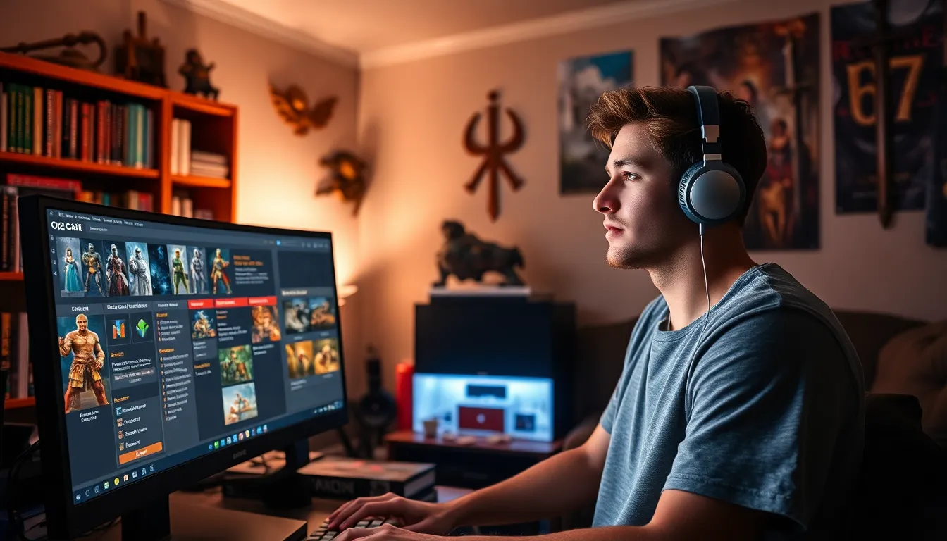 A young man gaming in a cozy room with medieval-themed elements.