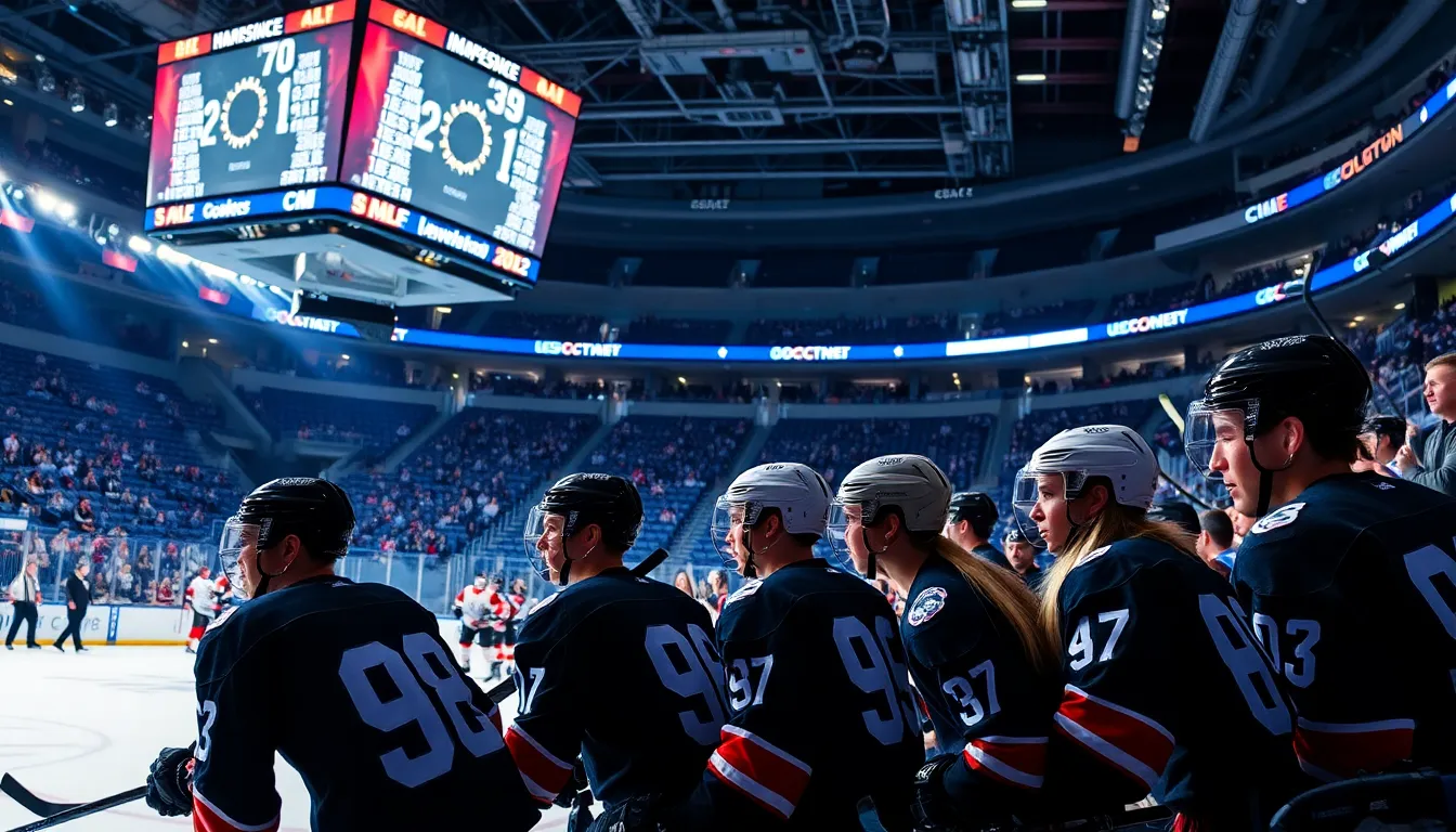 hockey players in action during a competitive game.