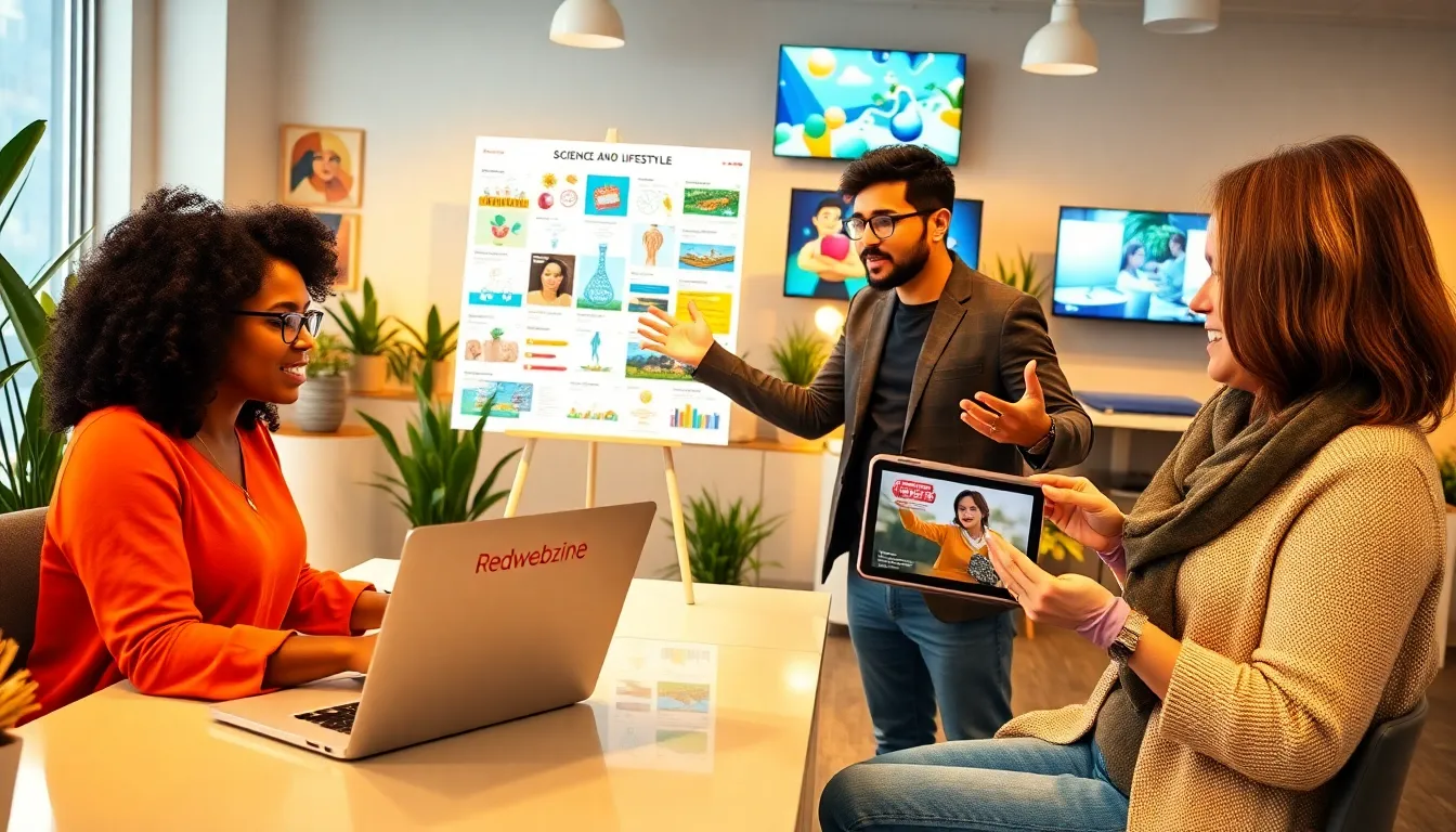 three diverse individuals exploring science and lifestyle content in a modern office.