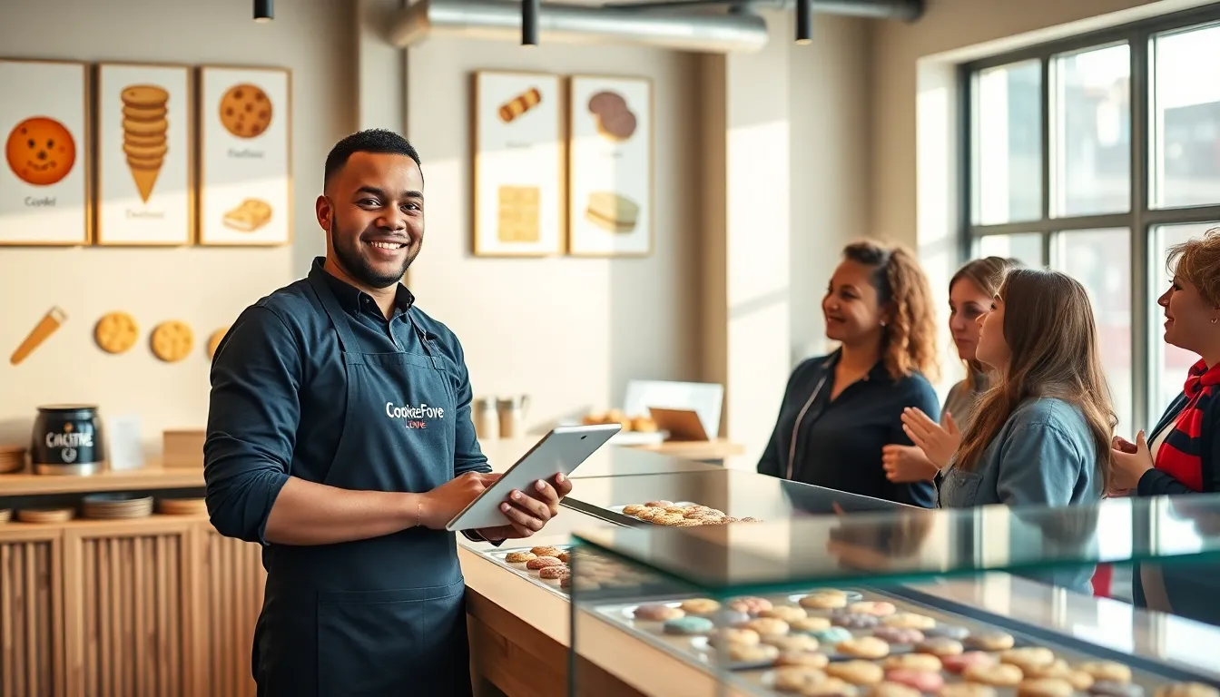 Jackson engaging with customers in a vibrant bakery.
