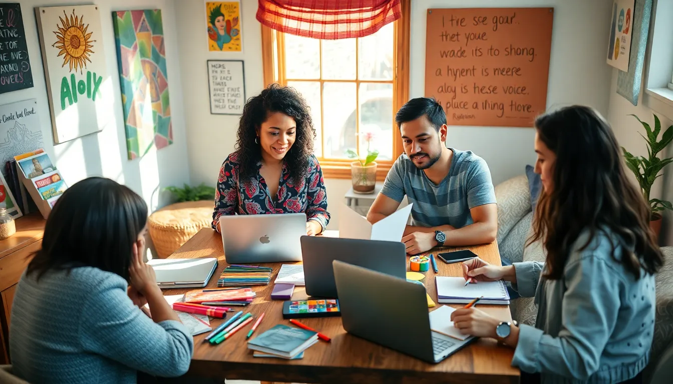 A diverse group collaborating in a sunny creative workspace.