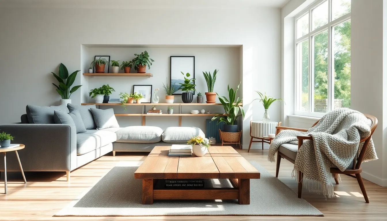 a cozy living room blending modern and rustic furniture styles.